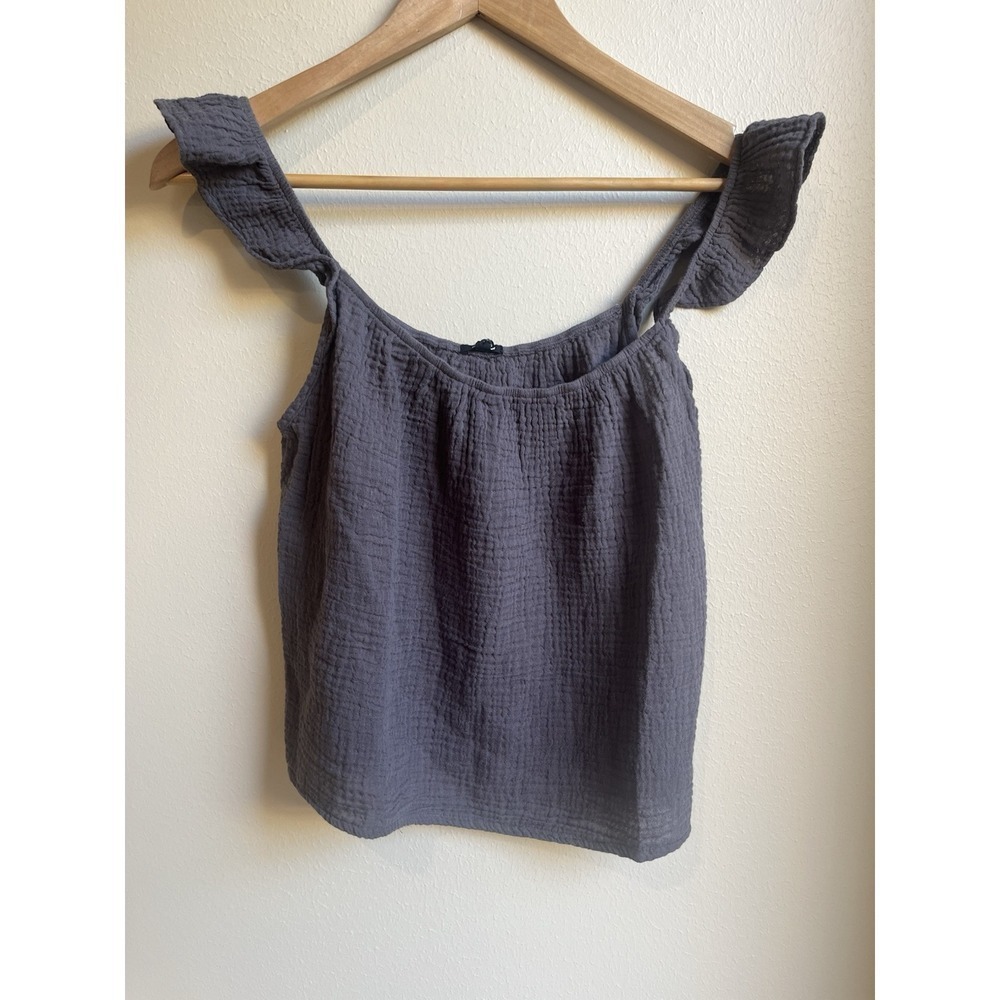 NWT Monrow XS Crinkle Gauze Tank Top Ruffle Charcoal 121330